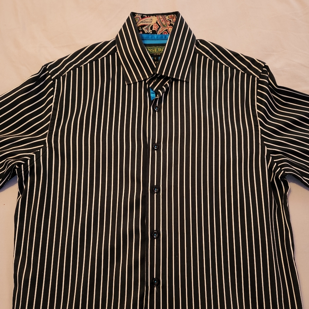Inserch icon Black Button Up 2 ply Satin Shirt with Paisley Collar - Picture 5 of 8